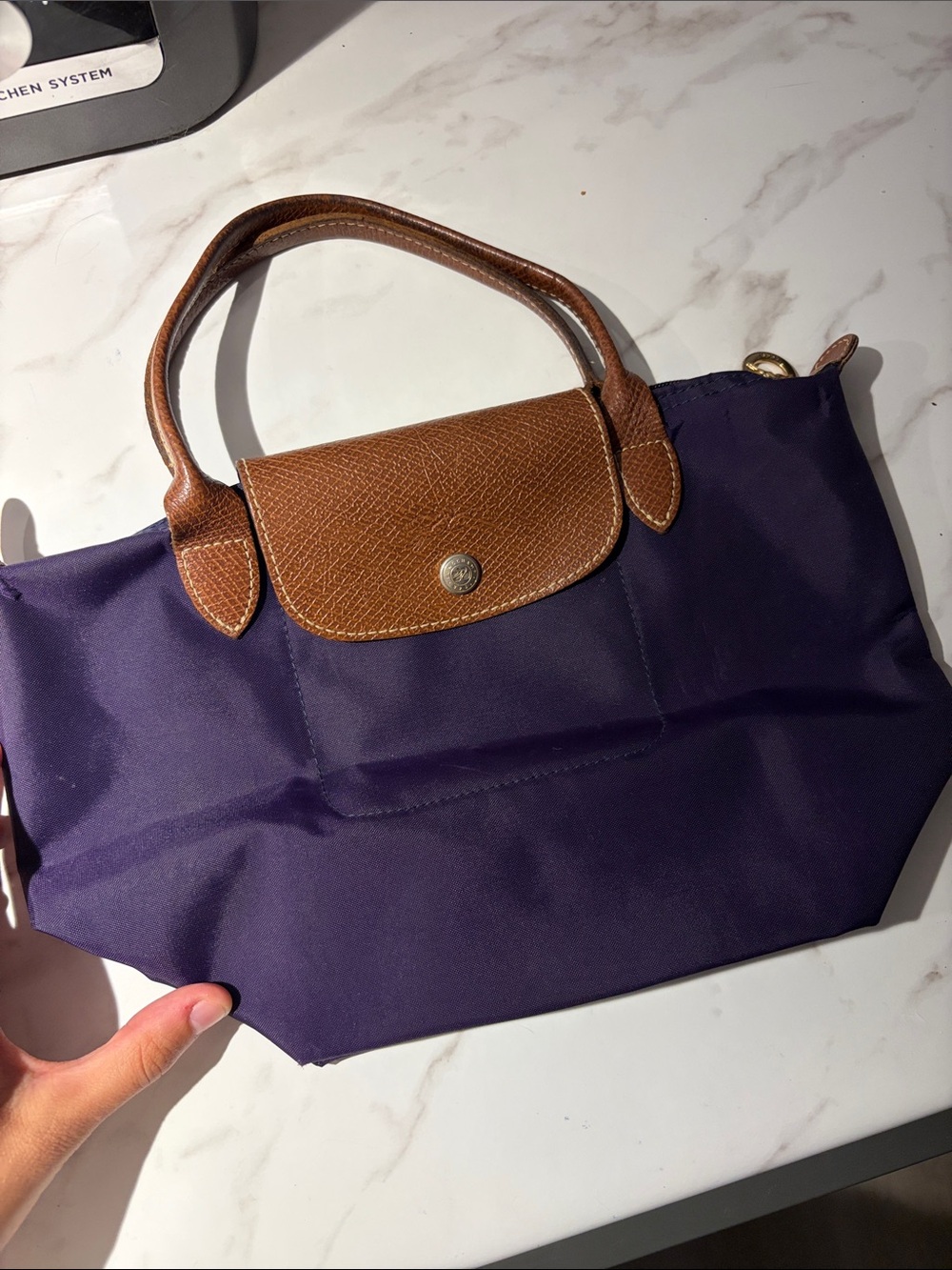 Longchamp Small Tote in Deep Purple with Brown Leather Trim